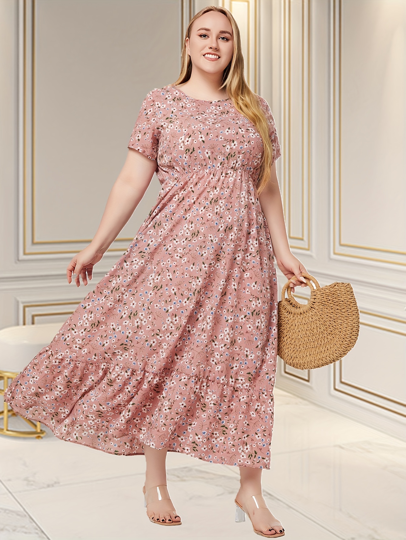 Boho Size Floral Maxi Dress with Pockets Casual Round Neck Short Sleeve Non Stretch Polyester Summer