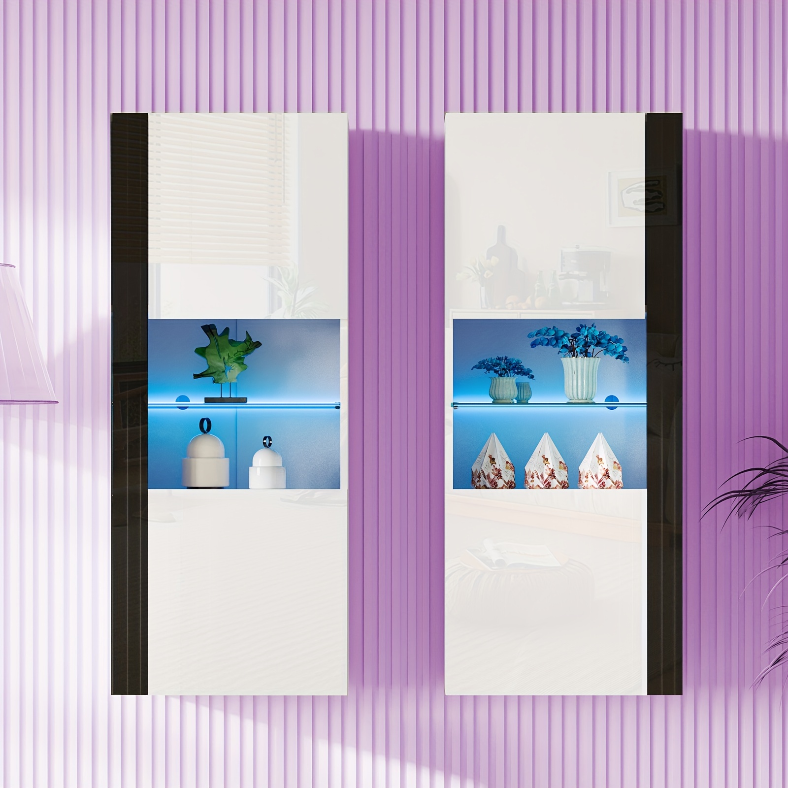 

Wall Storage Cabinets With Led Lights, 4 Closed Doors And Open Glass Shelves, Living Room/bedroom/office