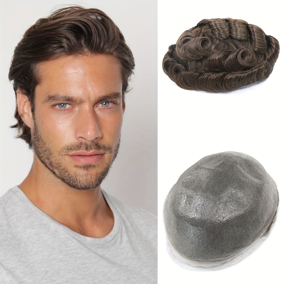 Thin Light Beige Full PU Toupee 8x10 #1B/#2/#3/#4/#6/#1B20 Male  Wig 30mm Wave Human Hair Hair *'s Capillary P