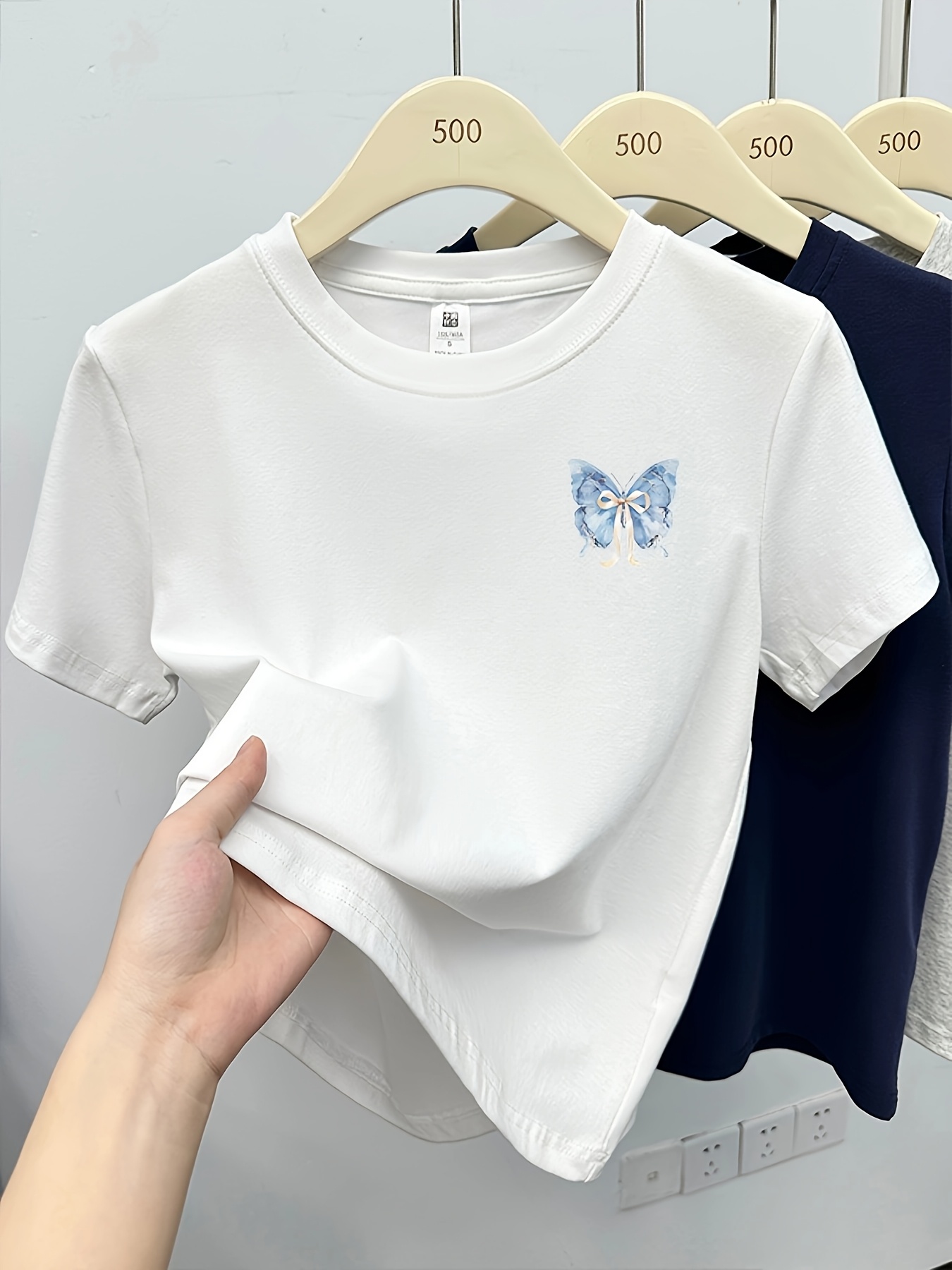 womens   fit   print t shirt hangin   with blue brown butterflies casual short sleeve top for spring summer   shirt Product details 3
