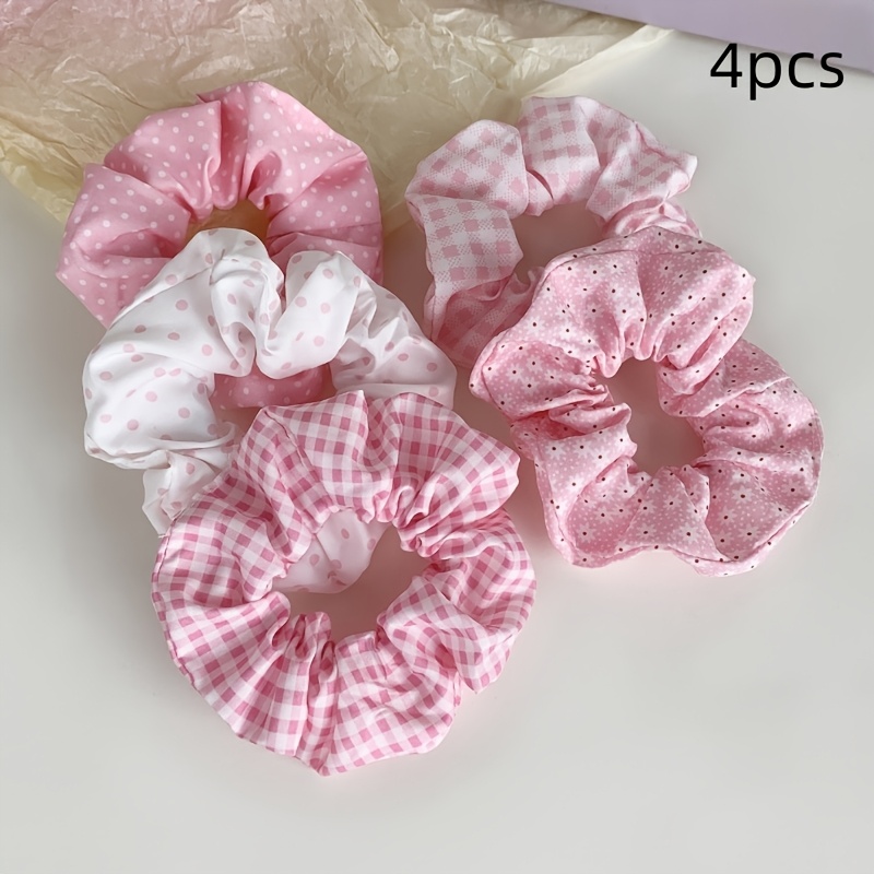 TEMU 4pcs Set: Spring/summer Simple , Floral, And Polka Dot Scrunchies, High-elasticity Hair Ties For Bun Hairstyles, Pink Series Ultra-ethereal Hair