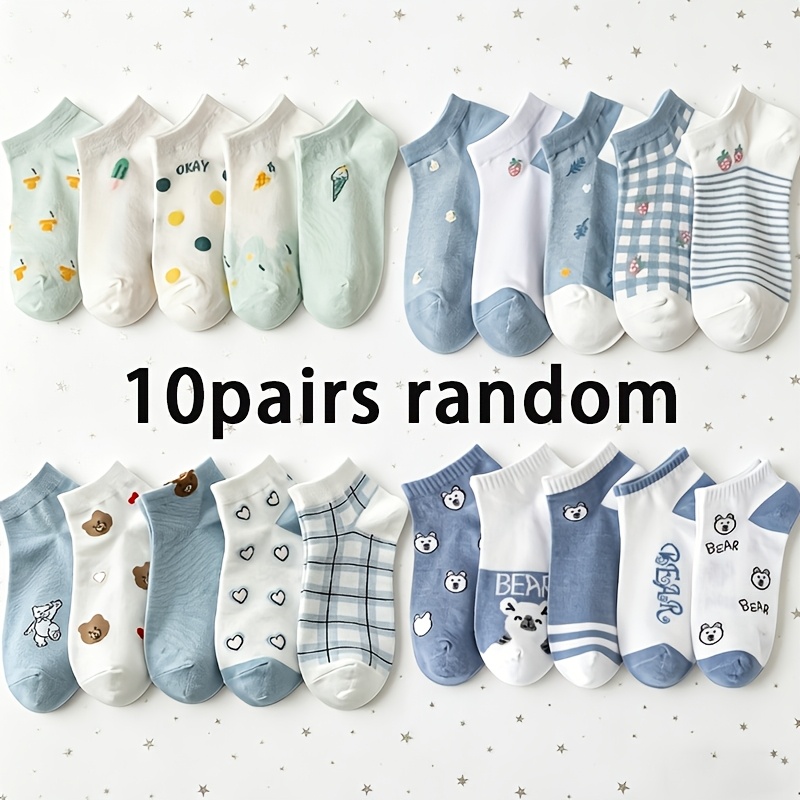 TEMU Random 10 Pairs Women's Blue Cartoon Bear Socks, Cream Strawberry Shallow Boat Socks, Summer Casual Lightweight Comfortable Fashion Versatile