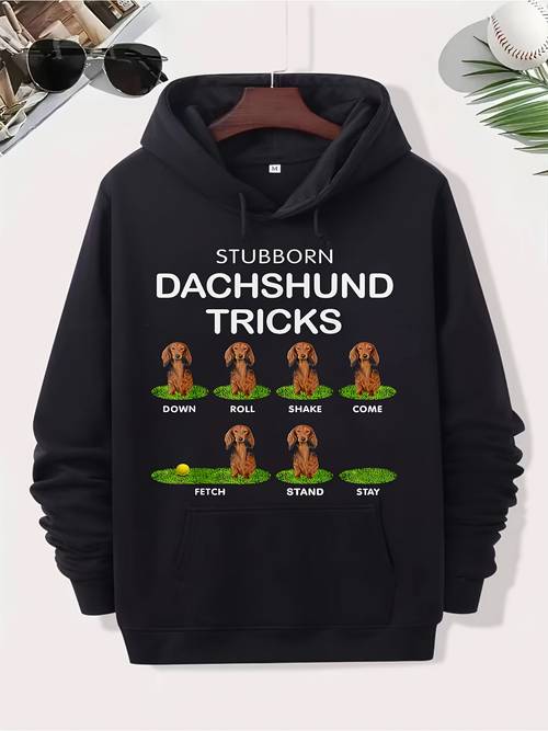 funny dachshund tricks graphic hoodie black pullover with kangaroo pocket blend unisex sweatshirt for men women apparel with training commands design comfortable casual game day outfit urban streetwear