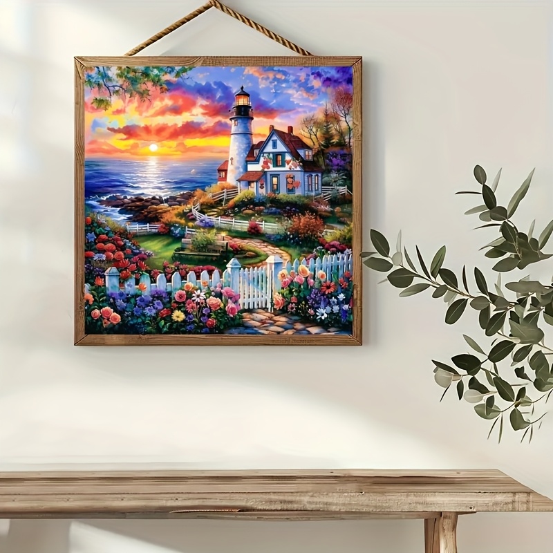 TEMU 1 Kit de Broderie Cadre 36x36 cm/14,17x14,17 pouces 11CT, Scène Florale Océanique Phare, Ensemble DIY Relaxant pour Débutants et Adultes, Inclut
