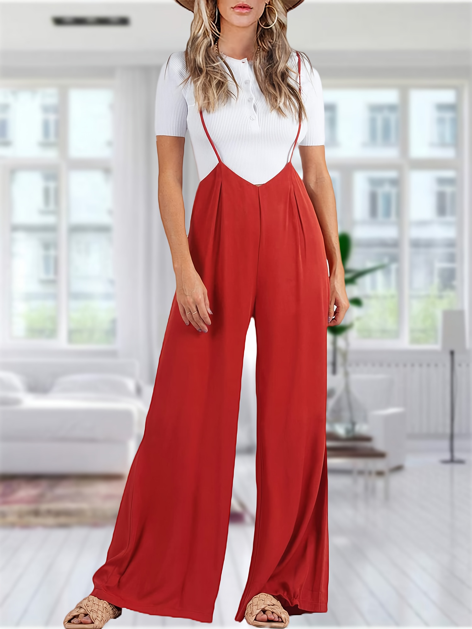 womens suspender overalls high waist loose sleeveless wide Temu