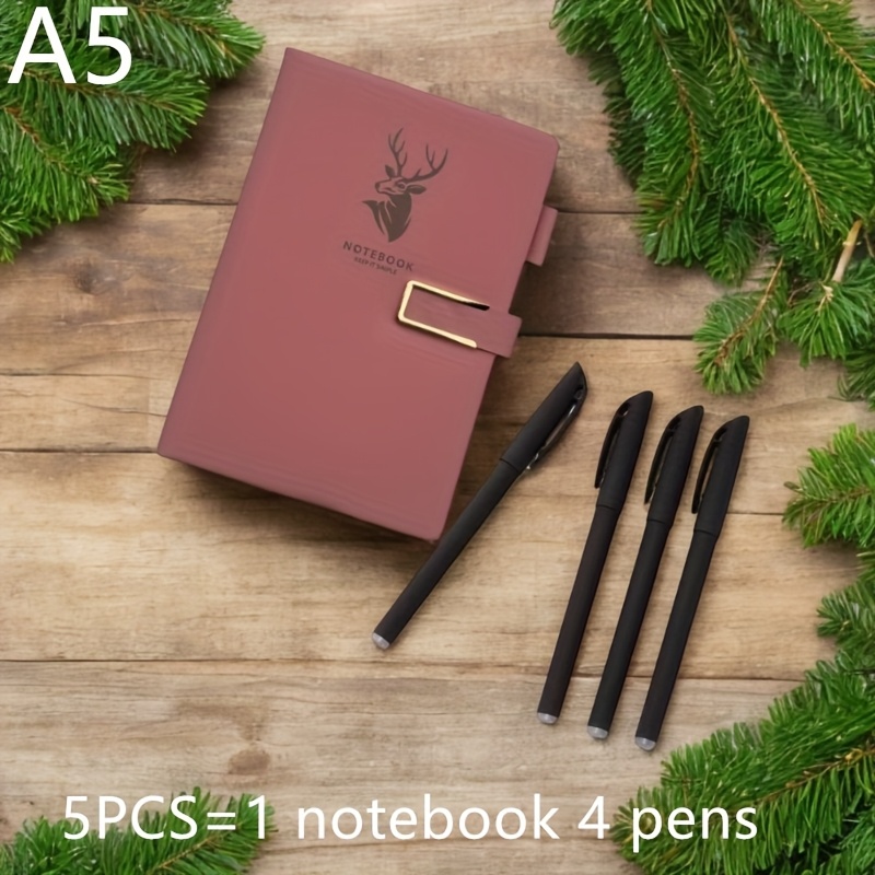 TEMU Set da 5 pezzi, (1 A5 in premium e 4 penne), con chiusura, 160 - Super liscia, carta a adatta per casa, ufficio
