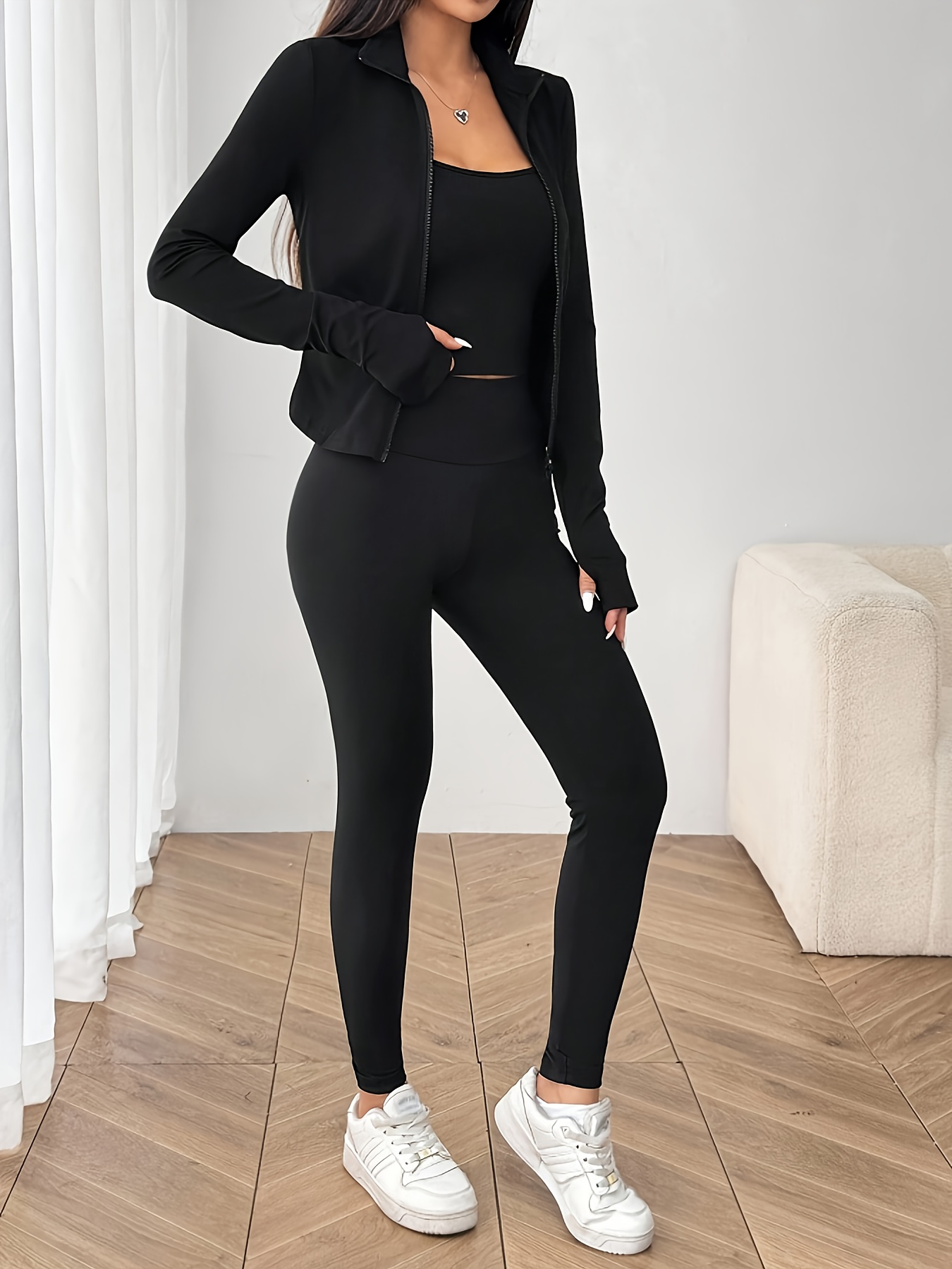 new womens casual athletic 3pcs set with zipper thumb hole long sleeve sports jacket sports tank top and high waist skinny   sports long pants for exercise fitness yoga and casual attire details 5