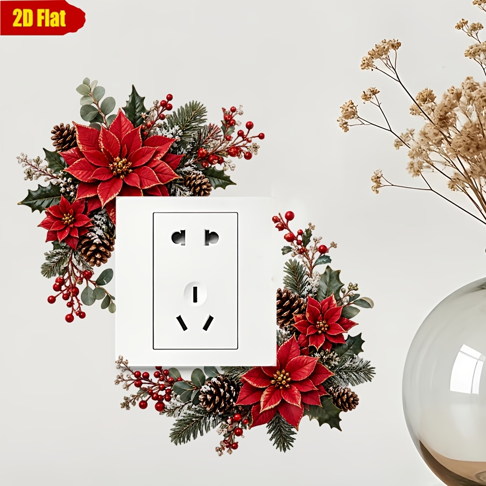 TEMU 1pc 2d Flat Christmas Poinsettia Holly Switch Wall Sticker, Designed For Placement On Switch In Bedrooms, , , And Living Rooms. It Conceal Wall