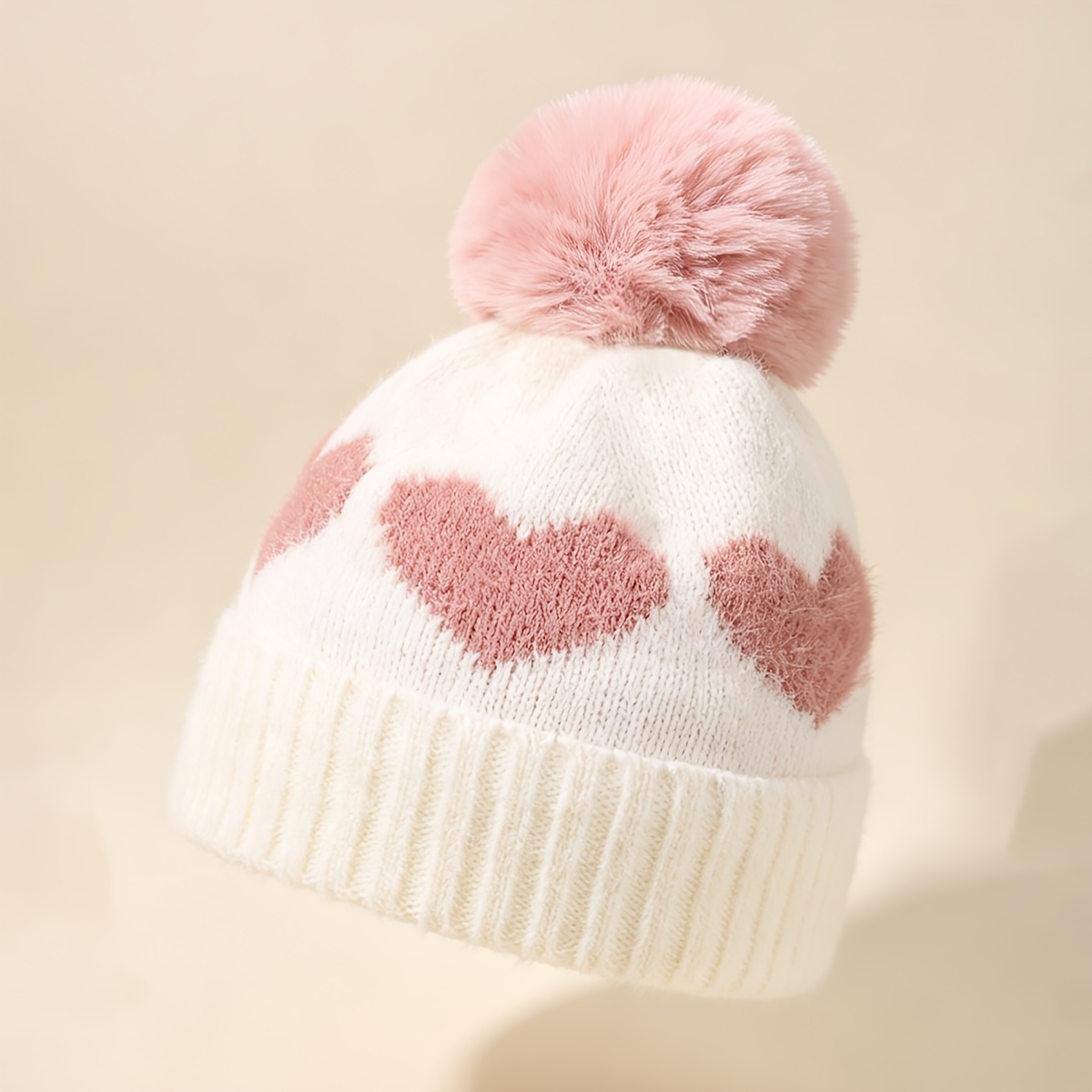 Image of 1pc Baby Girl Newborn Toddler Pom-pom Heart Beanie Hat Cozy Knit Winter Cute Hat For Kids, Accessories Bonnet