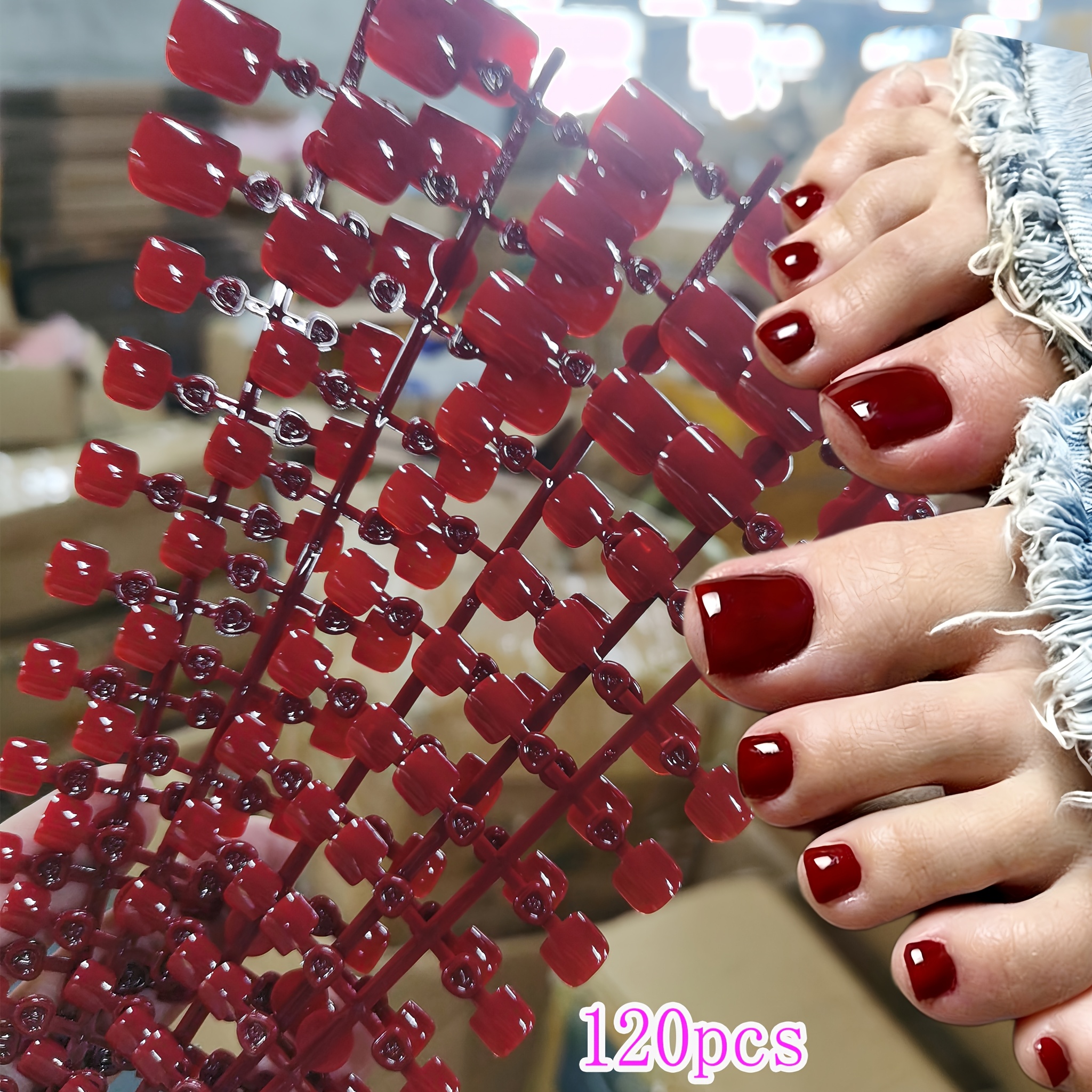 TEMU 120pz Unghie dei Piedi Finte a Pressione per Donna, Copertura Completa Corte Quadrate Lucide Rosse, Unghie dei Piedi Finte a Pressione, Unghie