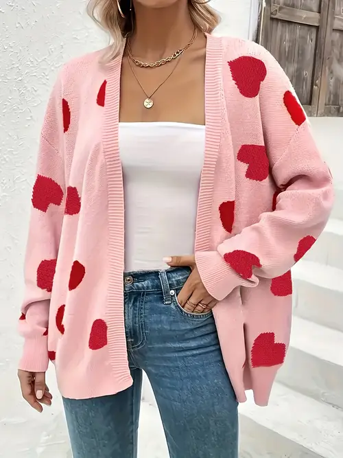womens plus size elegant cardigan long sleeve open front red heart pattern sweater machine washable soft pink fall winter layering piece cardigan sweater autumn wardrobe relaxed fit medium stretch durable fabric