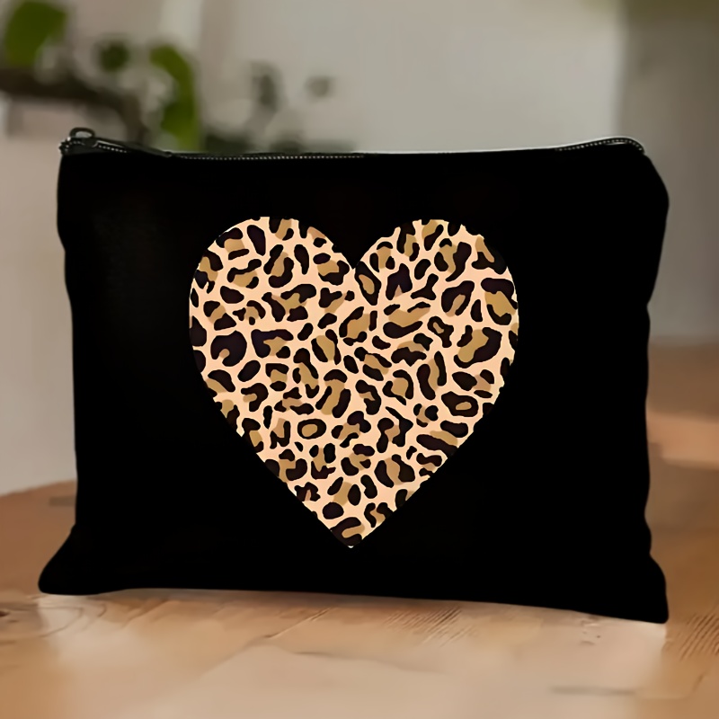 TEMU 1 pz. Trousse da Trucco a Forma di Cuore con Stampa Leopardata - , Pochette da Viaggio Pieghevole con Chiusura a Zip, Organizer Cosmetico per