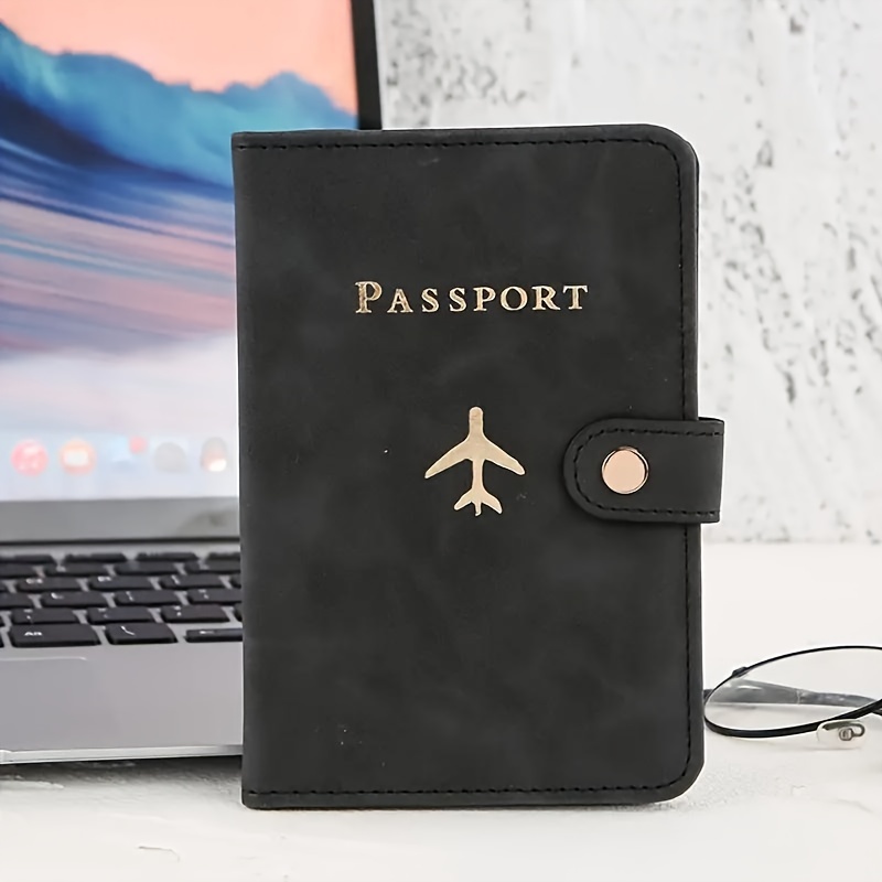 

Chic Gold-plated Airplane Pattern Passport Holder - With Card Slots, Leather