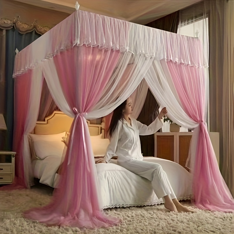 

Luxurious Double-layer Mosquito Net With 4 Posts - Jade, Lace Trim, Stainless - Indoor Bedrooms & Camping, Fits To " W X 78.7" L