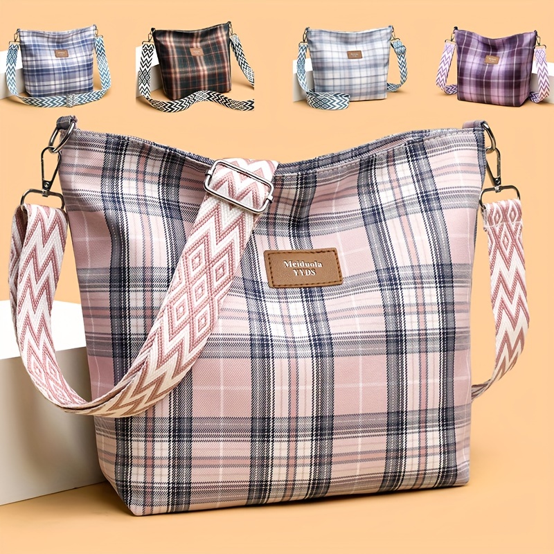 

Plaid Fashion Tote Bag For Women, Large Capacity Nylon Material Bag With Wide Shoulder Strap, Elegant Style Multipurpose Bag For Daily Commuter And Travel