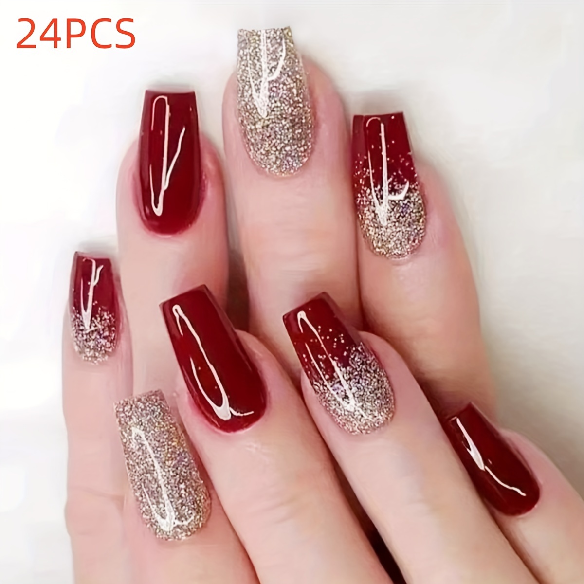 

24pcs Glittery Burgundy Press-on Nails Set - Medium Length, With Designs For Women & Girls - Includes Jelly Adhesive & Nail File Kit