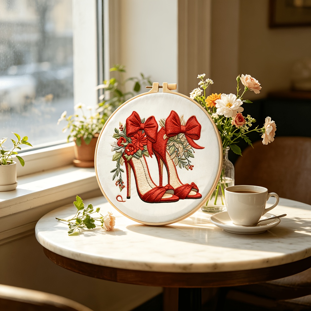 Complete DIY Embroidery Kit, Vintage Red High Heel & Floral Bow Design