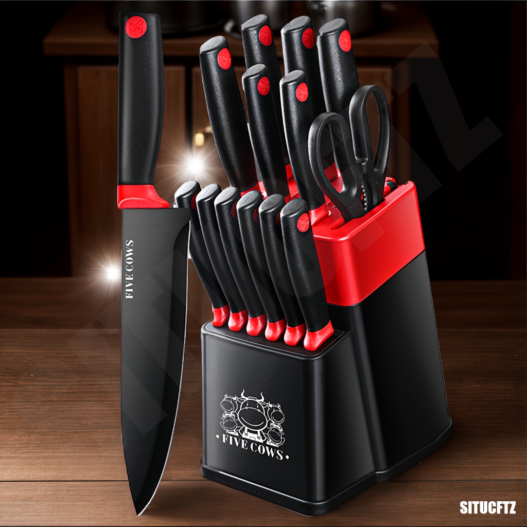 

14pcs Kitchen Knife Set, Stainless Steel Blade Kitchen Knife, Fruit Knife, Bone Cutting Knife, Etc. The Knife Holder Comes With A Sharpening , Cleaned In A Dishwasher, And Has A Non Slip Handle