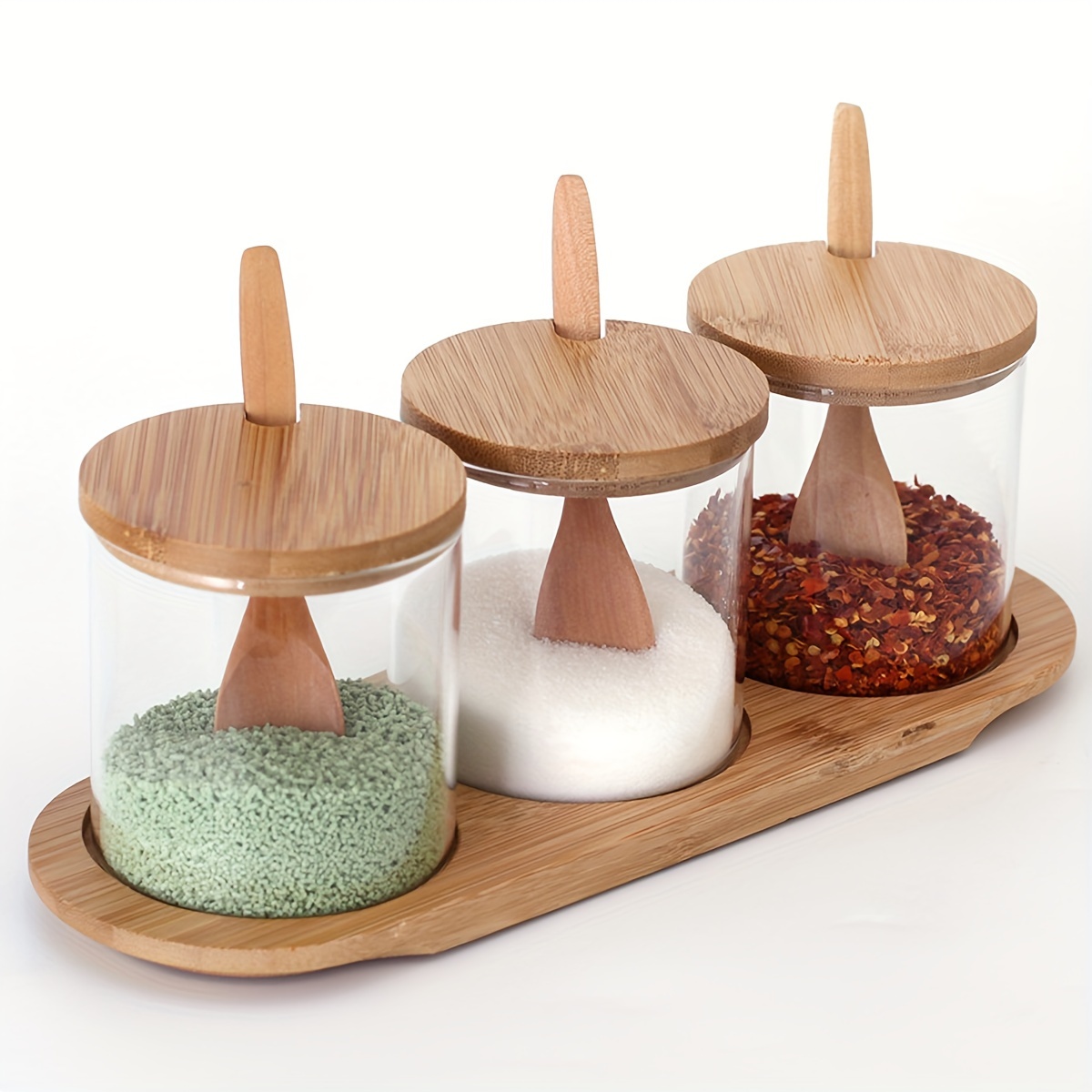 Image of 3-pack With Spoon And Wooden Rack - 300ml - Kitchen Spice Box Home Seasoning Bottle High Aesthetic Seasoning Bottle With Spoon Seasoning Box Glass Salt Jar Spice Container - Seasoning Storage