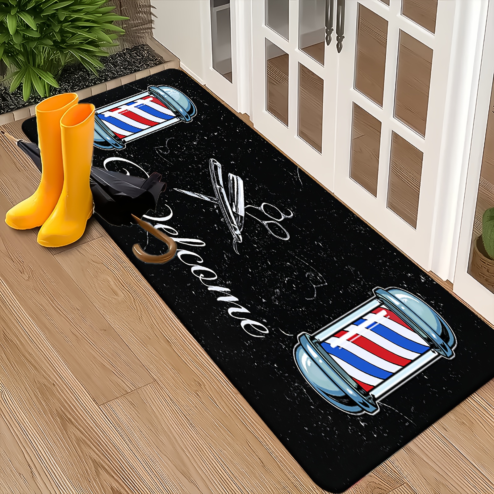 TEMU Product [flannel   1cm Thick Sponge Material] Fun Door Mat | Barber Shop Sign, Red, Blue, And White Striped Pillar, Scissors And Welcome Print