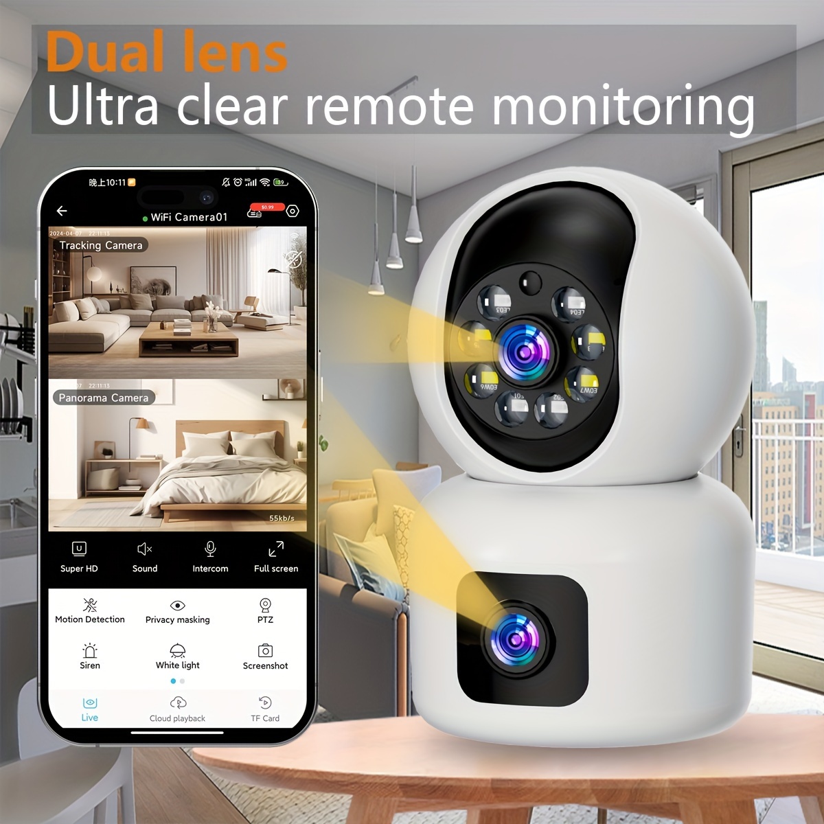 

Dual-lens Dual-screen Indoor -circuit Camera-360-degree , 3mp 2k Motion Detection, 2.4g Wifi Voice, Human Tracking, Mobile Phone Control, Built-in Microphone-usb Power Supply, Indoor Use.