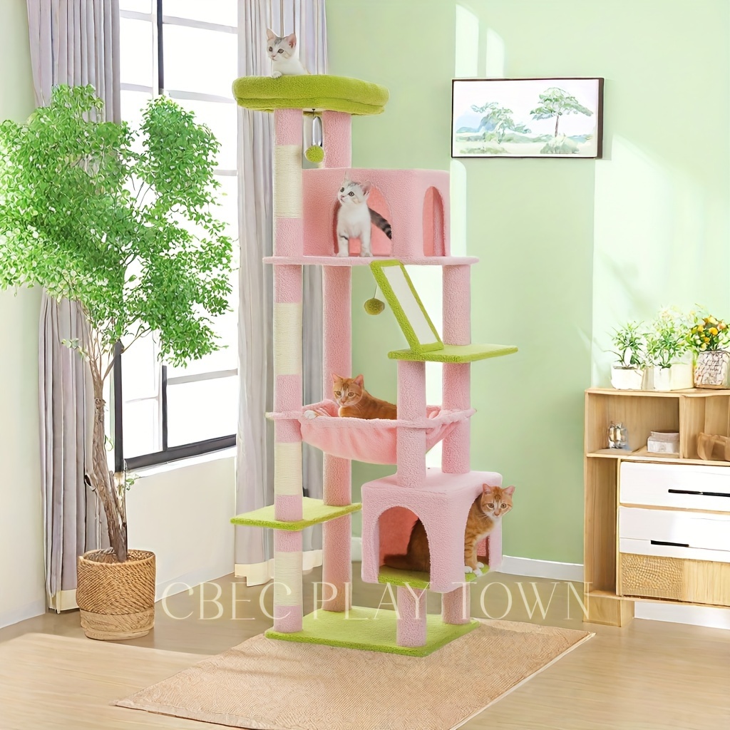 

71 Inch Tall Cat Tree, 5-story Huge Cat Climbing Frame, With Cat Apartment, Cat Hammock, And Grab Pole, Indoor Large Cat Climbing Tree, Pink