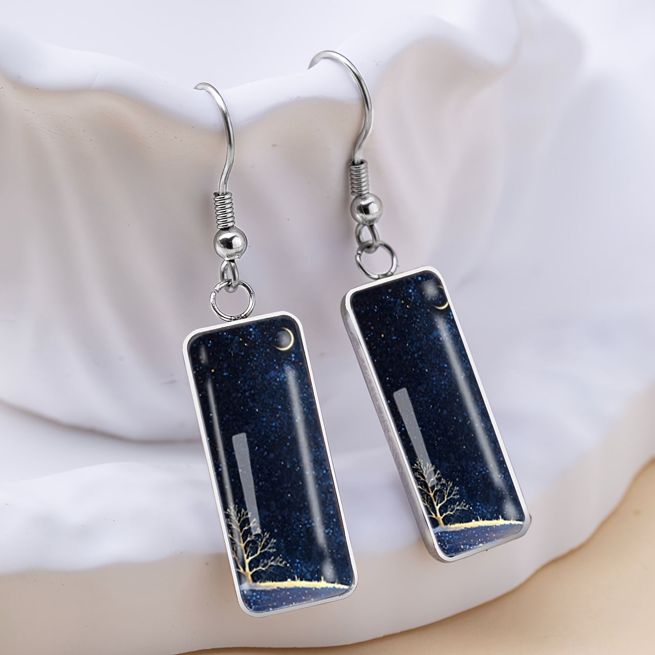 Women's Deep Blue Starry Sky Curve Pattern Long Earrings