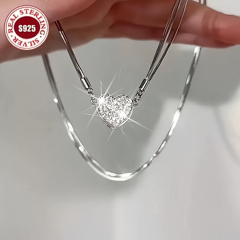 TEMU Collier avec pendentif pour femme 100% argent sterling 925 - Collier à trois couches de cœur, faible allergénicité - Bijoux bohèmes classiques