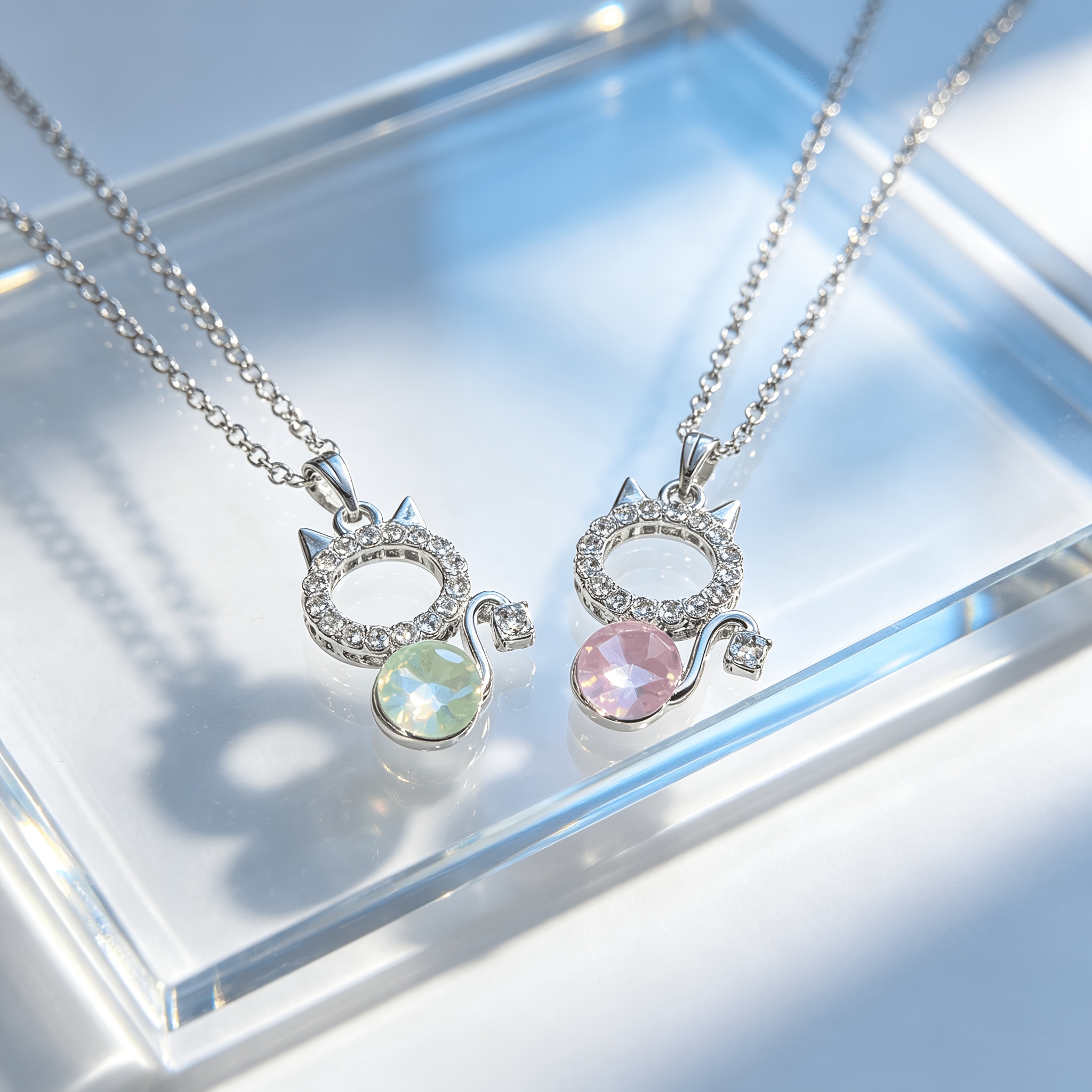 Women's Sparkling Cat Gemstone Round Pendant Necklace, Unique Design