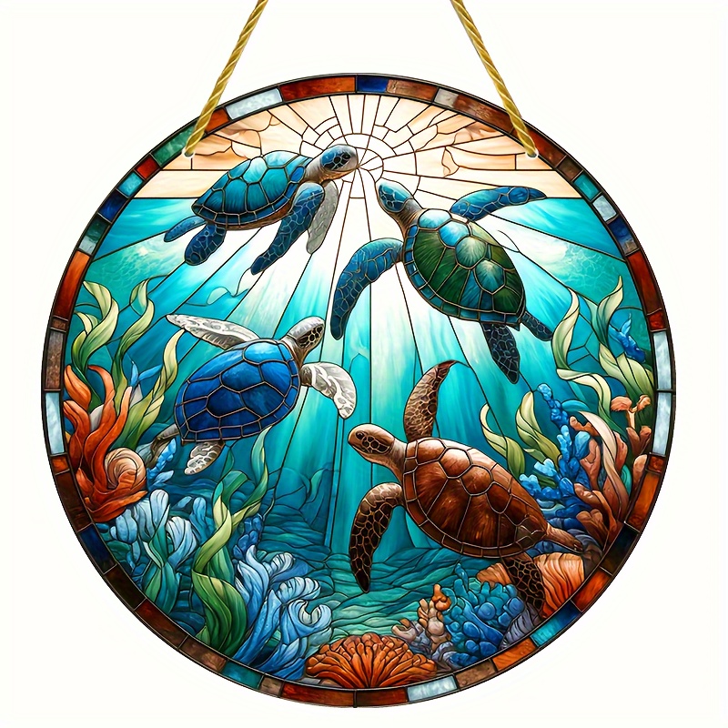 

Charming Sea Turtle & Seagrass Acrylic Sun Catcher - Stained Glass Style Window Hanging Decor, Circular Welcome Sign For Porch, Living Room, Garden, Farmhouse, Bar, Dining Room - 5.9"x5.9
