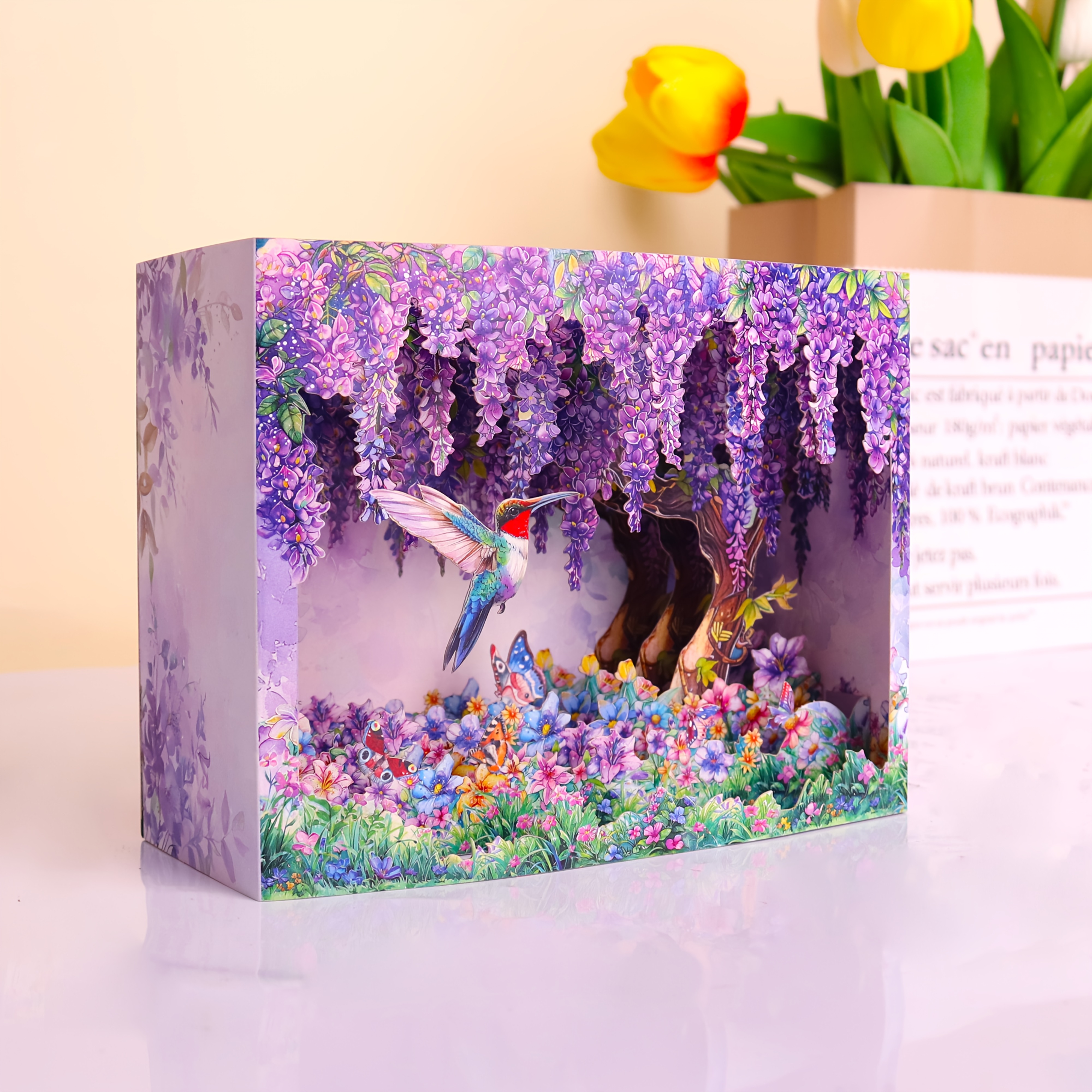 E-shop 1 Stück 3D Glyzinien Kolibri Grußkarte mit Notizhalter Umschlag – Geburtstag, Muttertag, Jubiläum, Hochzeit, Denk-an-dich-Karte, Wohnaccessoire,