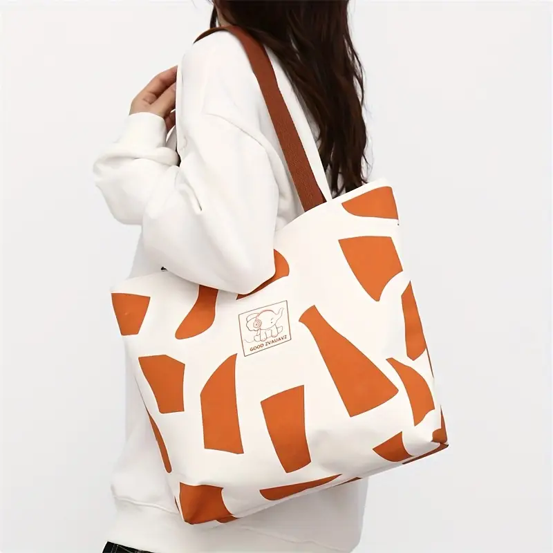stylish geometric print womens oxford tote bag durable shoulder bag with zipper closure shopping travel commuting in white yellow black commuting accessory modern accessory fabric details 3