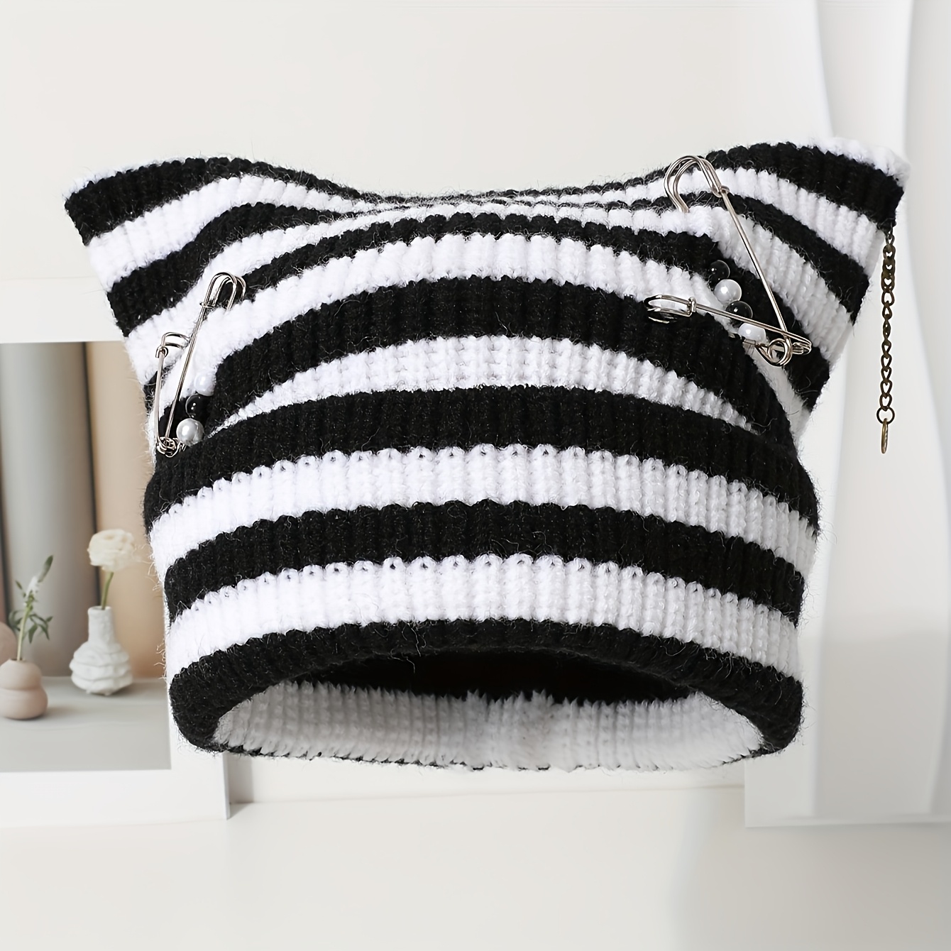TEMU Bonnet Épais à Rayures avec Oreilles de Chat Unisexe - Idéal pour et - Automne & Hiver - Cadeau d'Anniversaire