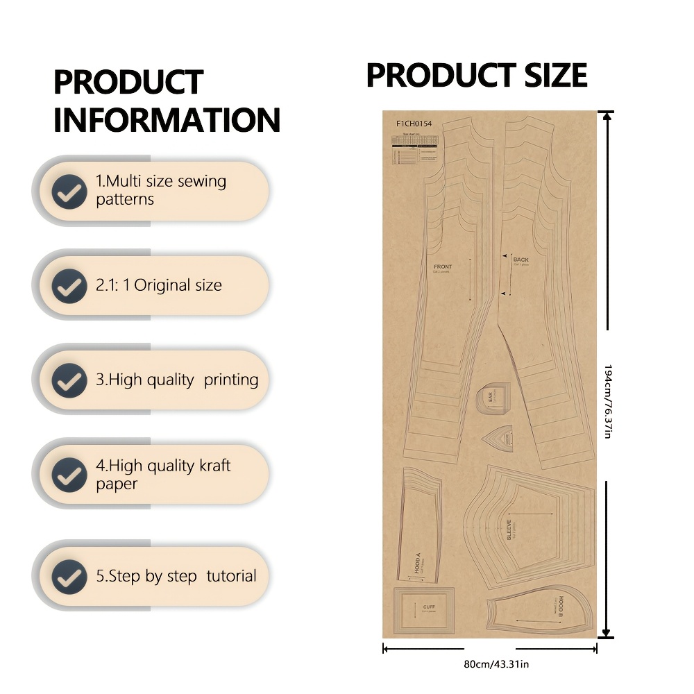 TEMU Modelli di Cucito per Tuta con Cappuccio in Pile Premium Adatti per Creazioni Fai-da-te - Tute DIY Multimisura con Marcatura su Carta, Guide di