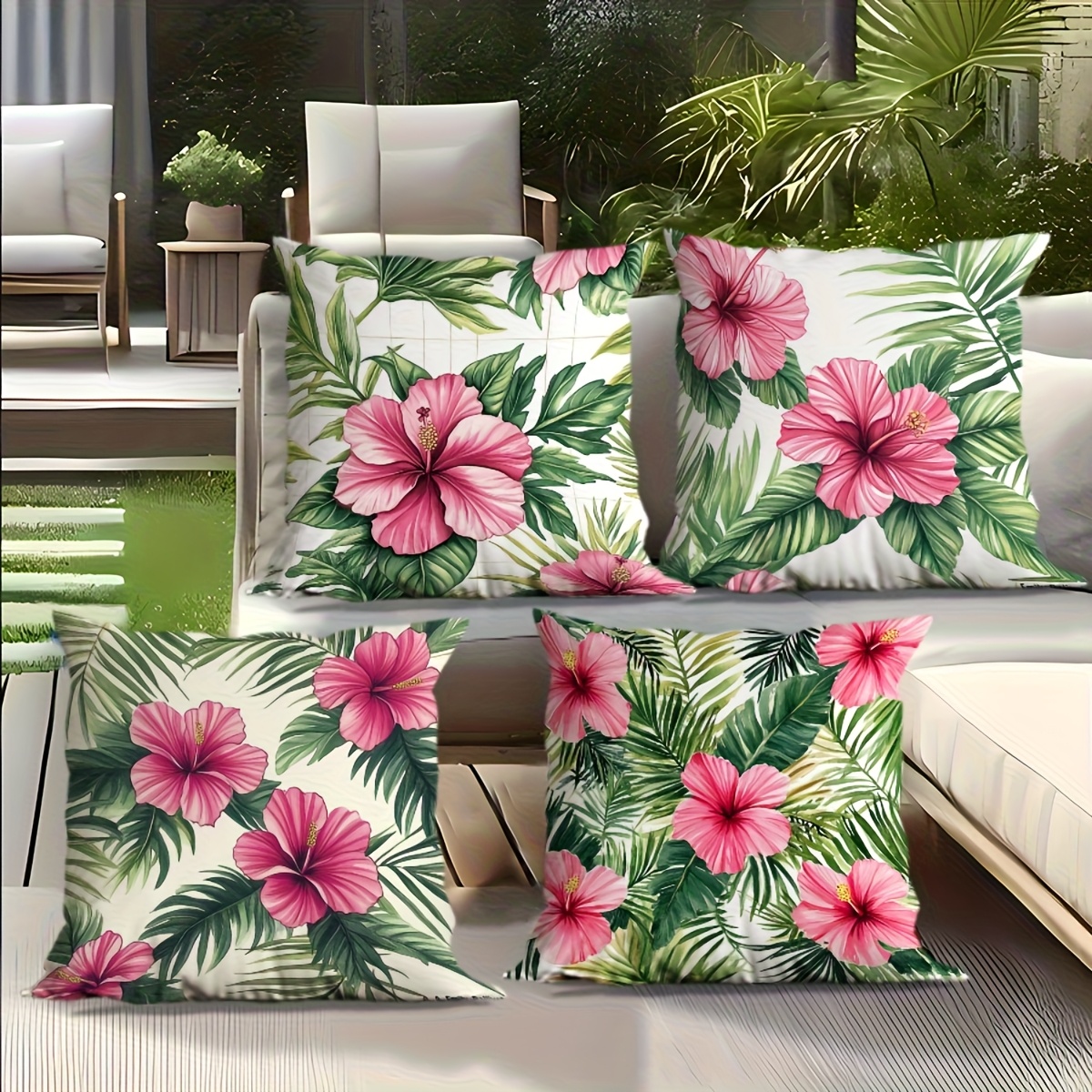 E-shop Set mit vier Outdoor-Kissen im tropischen Blumendesign mit rosa Hibiskus und grünen Blättern, hergestellt aus strapazierfähigem Stoff mit