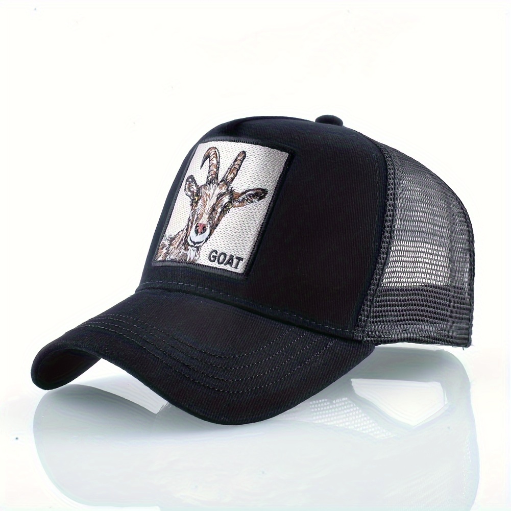 

1pc Unisex Embroidered Goat Baseball Cap, Breathable Polyester Snapback Trucker Hat, Adjustable Fitted Easter Headwear With Animal Print, Hip-hop Cap For Outdoor Sports