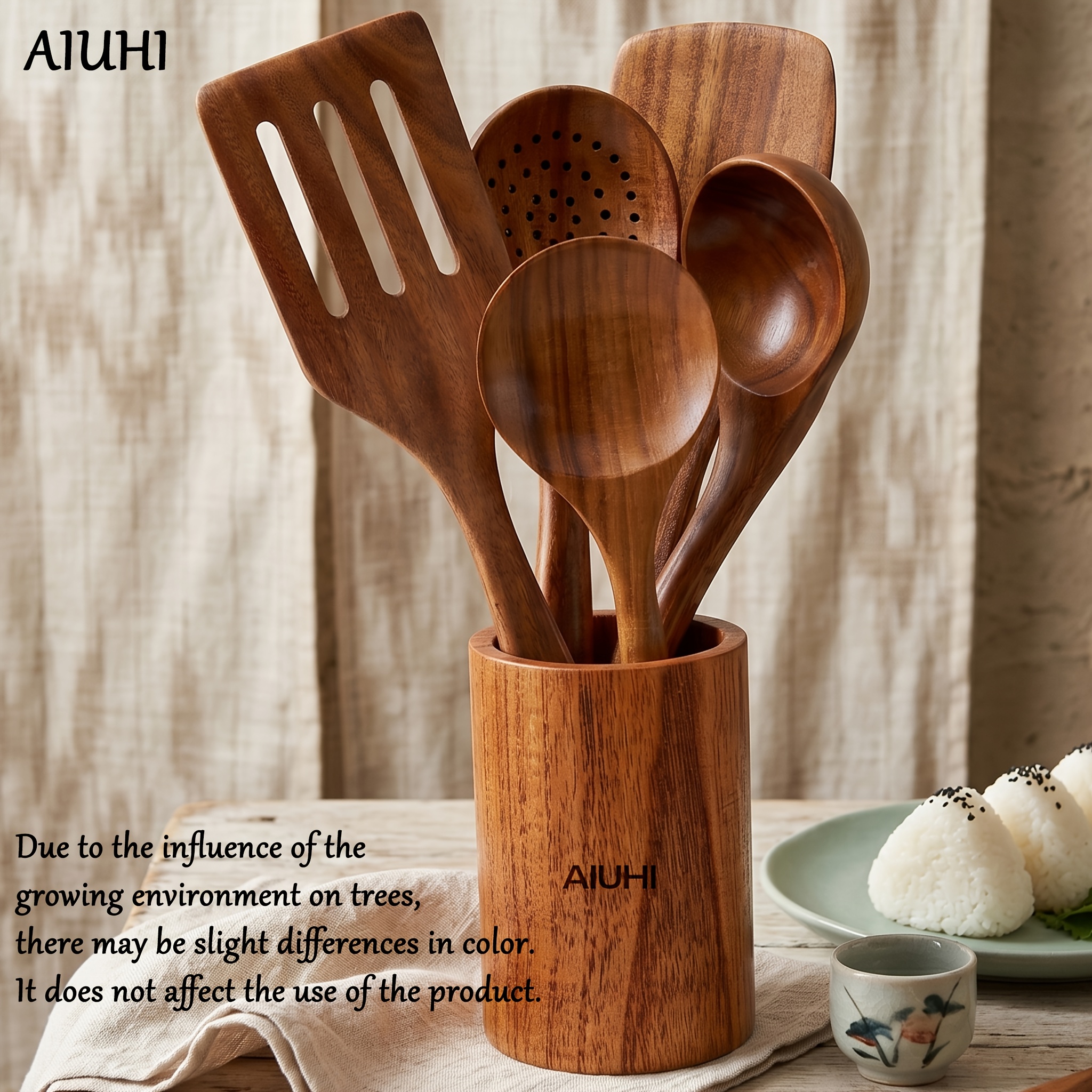 E-shop AIUHI 6-teiliges 521G Holzkochutensilien-Set Holzlöffel zum Kochen Holzutensilien-Set mit Halterung Komfortgriff
