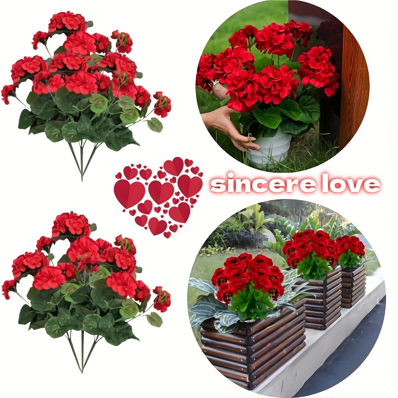 

2-piece Red Artificial Geranium Shrubs - Perfect For Home & Garden Decor, Weddings, Graduations, And Holiday Celebrations