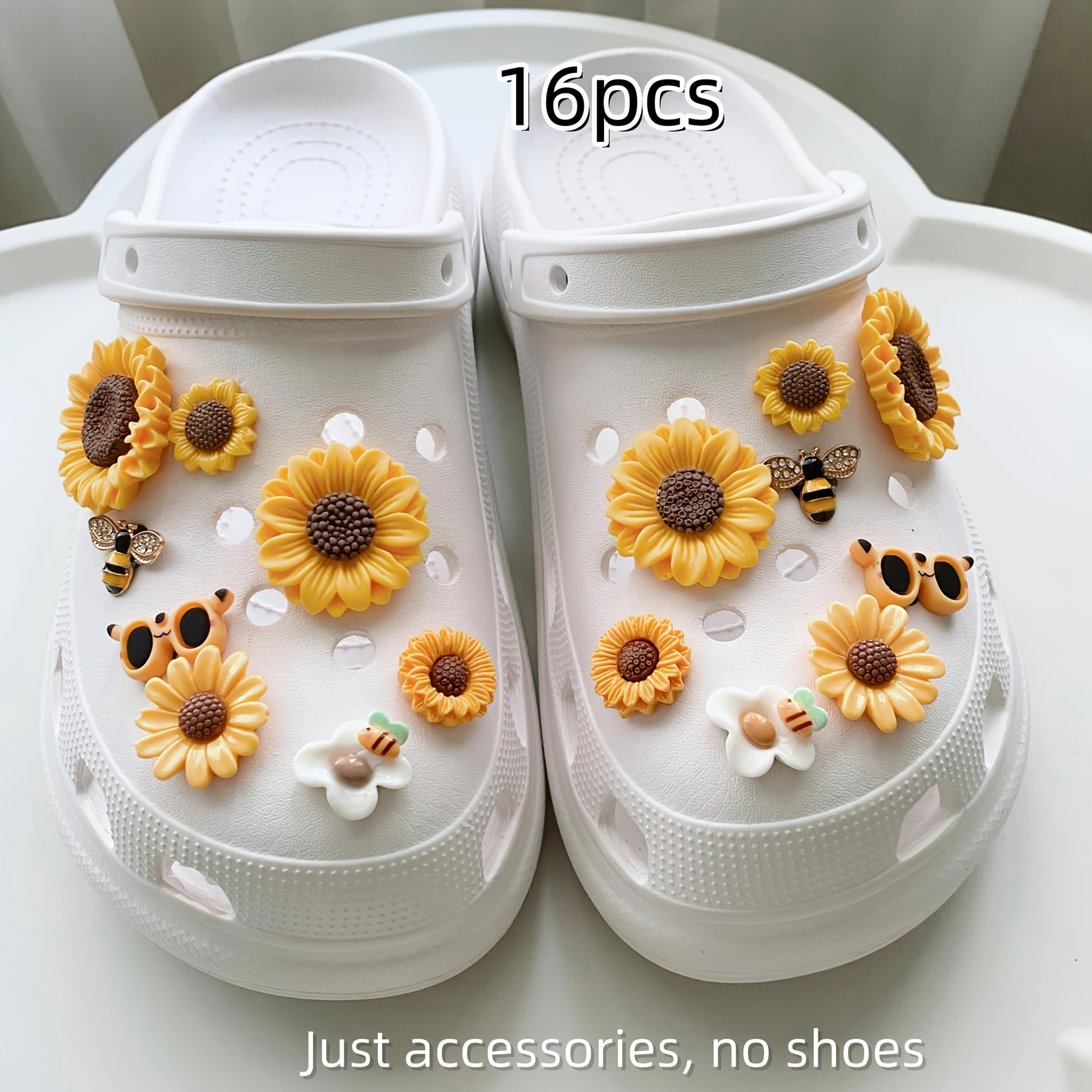 Image of 16pcs Bee & Sunflower & Honey Jar Shoe Charms, Perfect For Casual Wear, Cute , Unique Gift Idea, Fashion Accessory