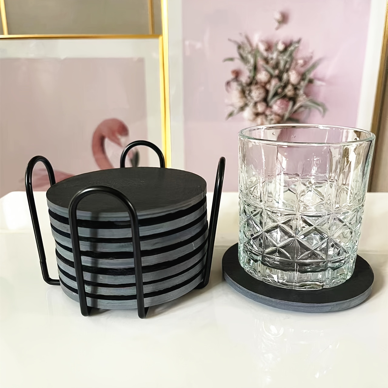 8pcs Round Coasters With Iron Wire Holder Set Machine Cut Corners 4 Inches Tea Cups Drink Cups Wine Glass Coasters Protecting Your Furniture From Water Rings And Stains