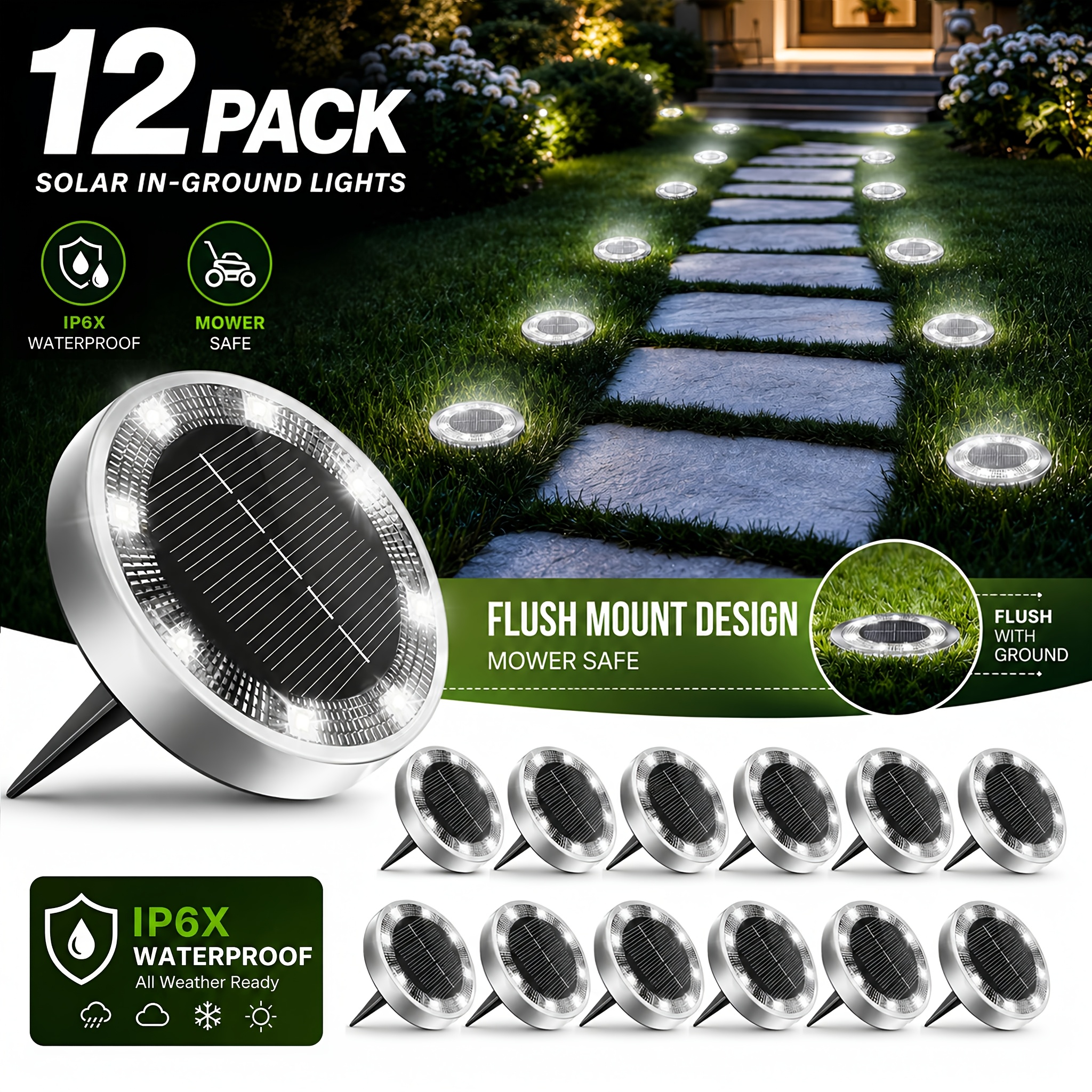 TEMU 4/ 6/ 8/ 10/ 12/ 16/ 18/ 20/ 24 Pack 8led Solar Ground Light Outdoor Ip6x, Automatic Shut-off And Turn-on, , For Gardens Backyards Stairs