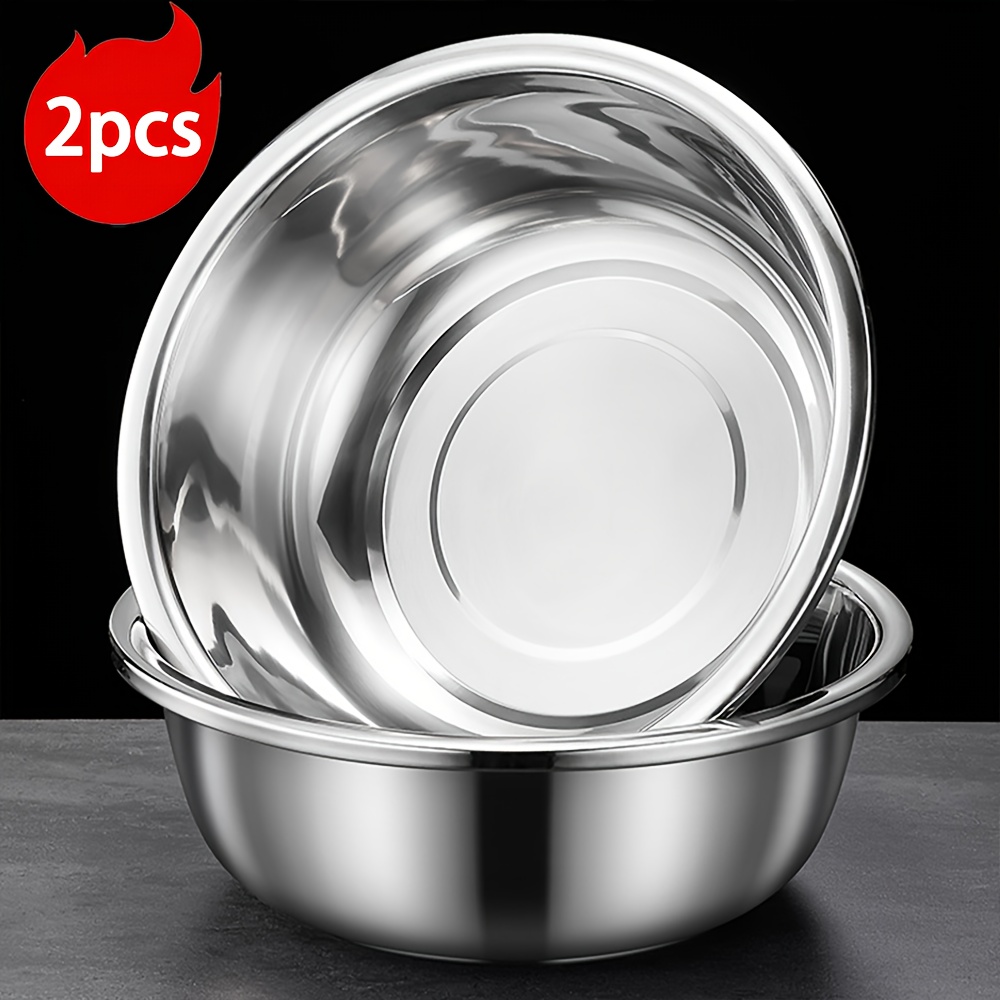 Image of 2pcs Stainless Steel Large Capacity Bowls 14 Inch, Salad Bowl, Extra Large Mixing Bowl, Kitchen Prep Bowls, For Eggs, Fruits, Vegetables, Salad, Food Preparation, Home Kitchen Catering Essentials
