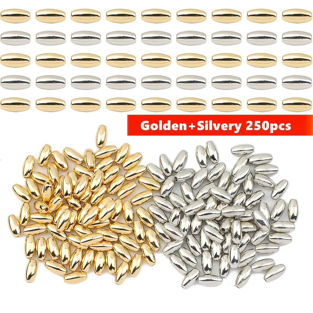 TEMU 250pcs 4 X 8mm Silvery And Golden Rice Tube Beads Loose Beads Tubular Spacer Beads Decorative Beads Handmade Jewelry Bracelet Necklace Material