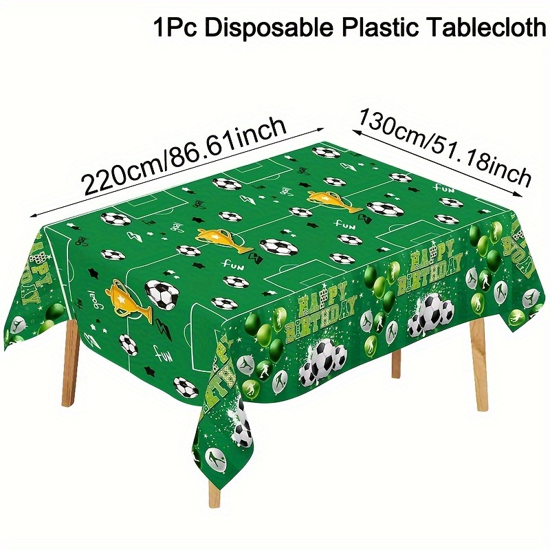Image of 1pc, Green Football Plastic Tablecloth, 130*220cm Football Theme Birthday Party Disposable Table Cover For Sports Theme Birthday Party Supplies For Soccer Enthusiasts, Kitchen Dining Table Decorations