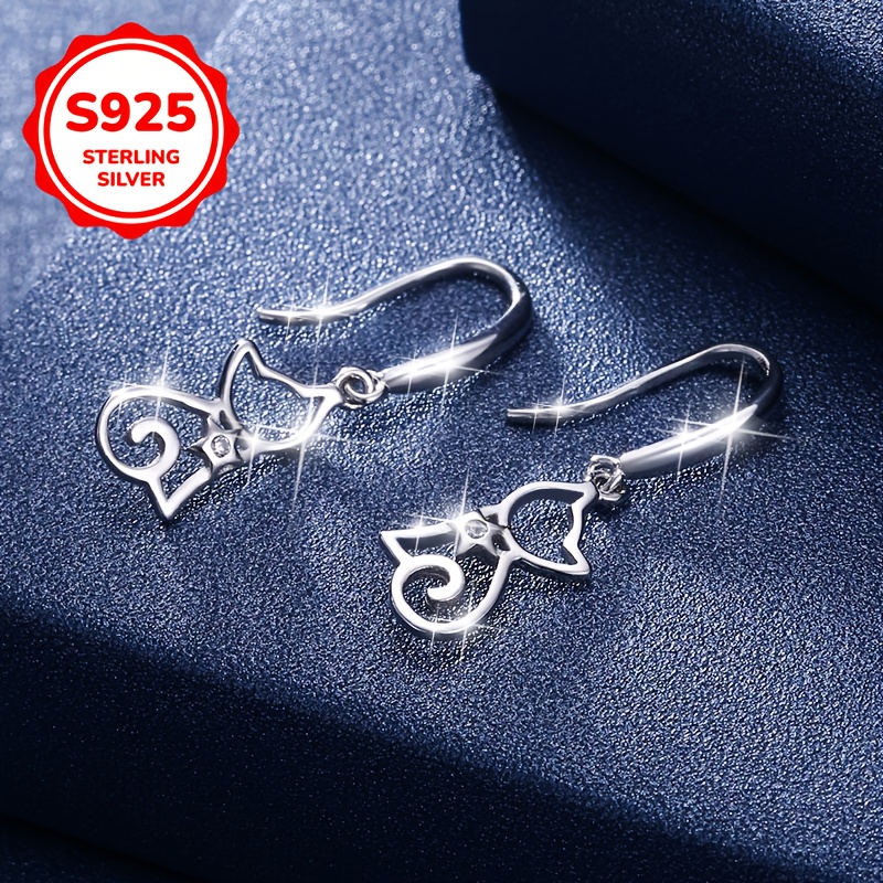 925 Silver Cat Hook Earrings + Ear Studs Set