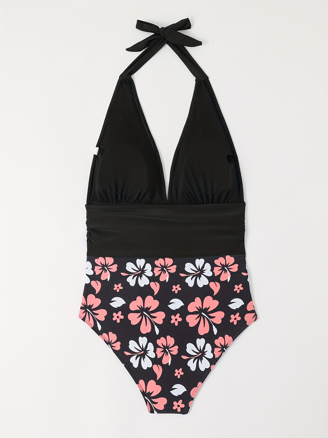 Floral Print Halter Swimsuit Ruched Deep V Neck - Temu