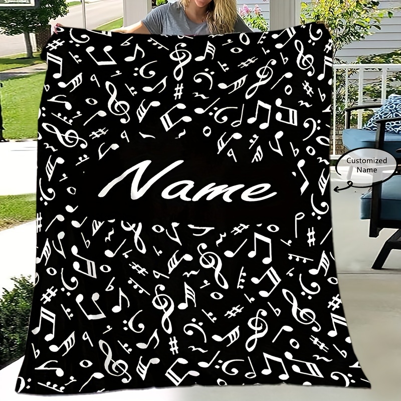 

1pc Customizable Name Music Note Print Flannel Throw Blanket For Sofa, Bed, Travel, Camping, Living Room, Office - Contemporary Lightweight Digital Printed Soft & Warm Polyester Throw