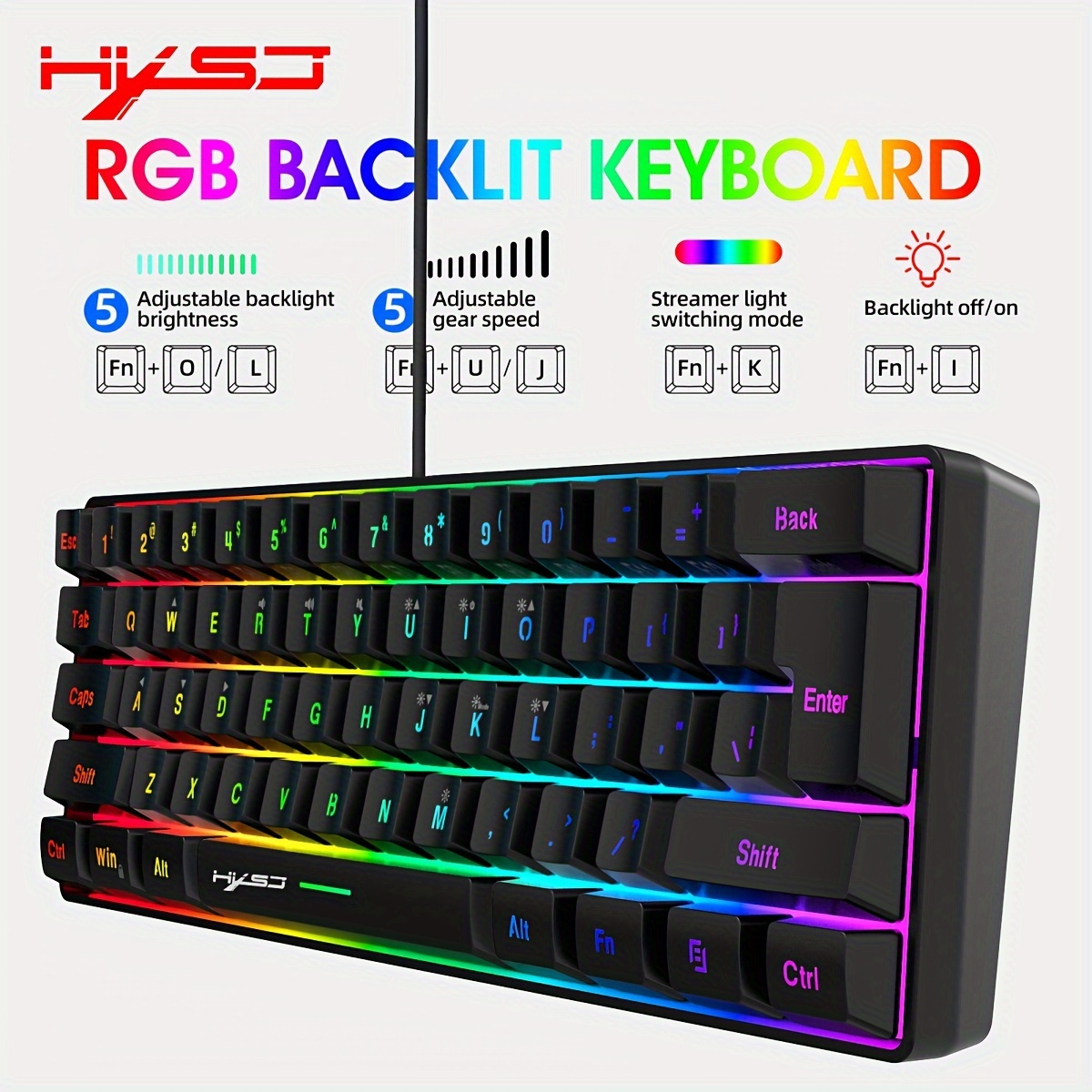 

Hxsj New Wired 61 Key Thin Film Keyboard, Rgb Light, Usb Plug And Play, Dual Color, Injection Molding Keyboard, Character Illumination, Suitable For Games, Office, Home Use