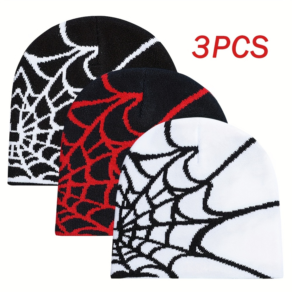 E-shop 3 Stück Wintermützen mit Spinnennetz-Design – Dehnbare Beanie-Mützen mit elastischer Kuppel, Schwarz/Rot/Grau/Weiß, Unisex Kälteschutzmützen für
