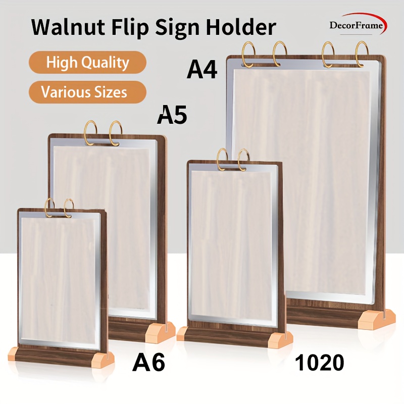 

Walnut Flip Sign Holder With Acrylic Base, Double-sided Menu Stand With Smooth Finish, Includes 6 Pvc Sleeves For Restaurant Table Top Display